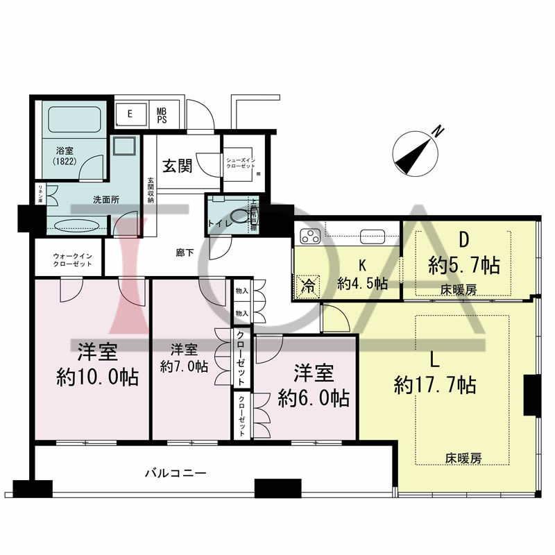 N4タワー(エヌフォー・タワー)の間取り図 南向き角 3LDK+WIC+SIC 専有面積121.02m2
バルコニー面積15.68m2