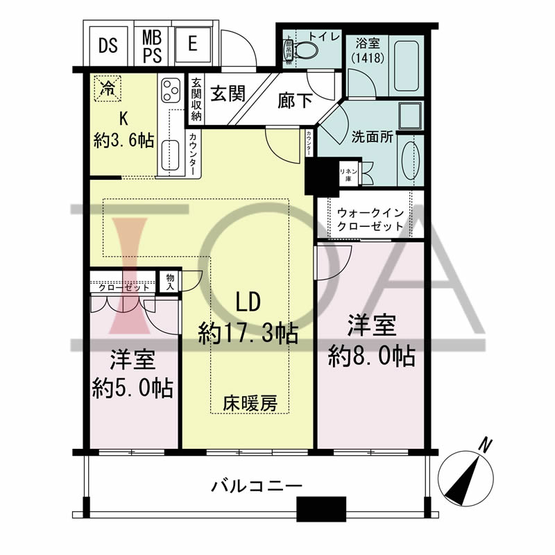 N4タワー(エヌフォー・タワー)の間取り図 南向き 2LDK+WIC 専有面積76.10m2
バルコニー面積12.00m2