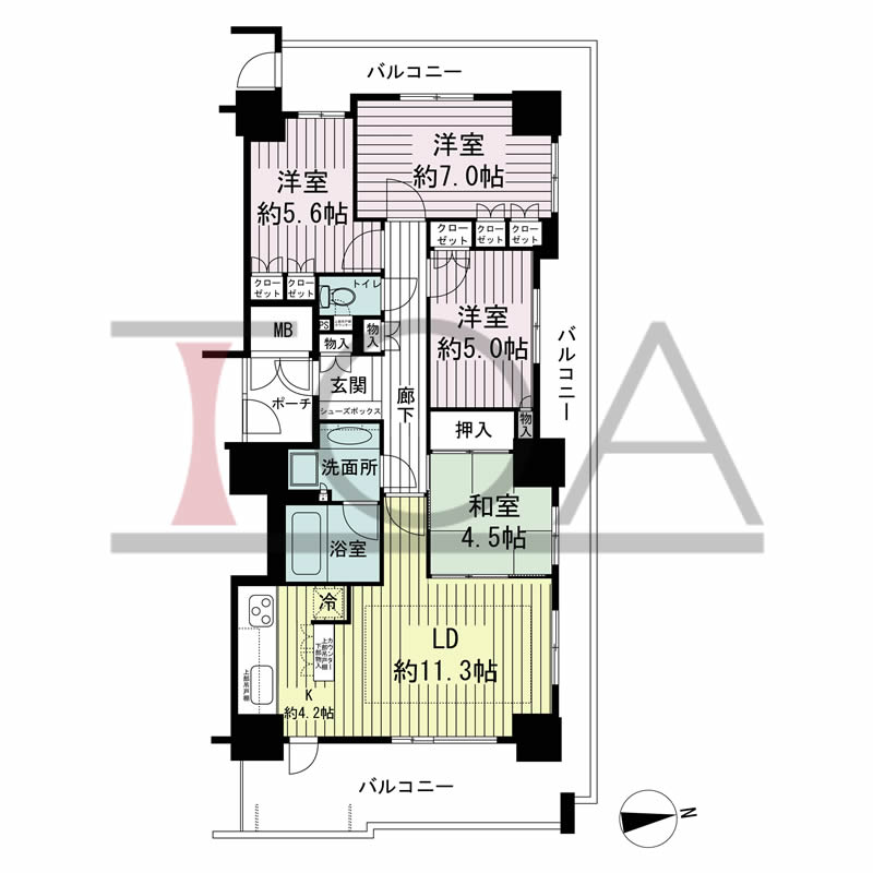ローレルコート与力町エルグレースの間取り図 北東向き角 4LDK 専有面積85.42m2
バルコニー面積35.77m2
ポーチ面積2.88m2