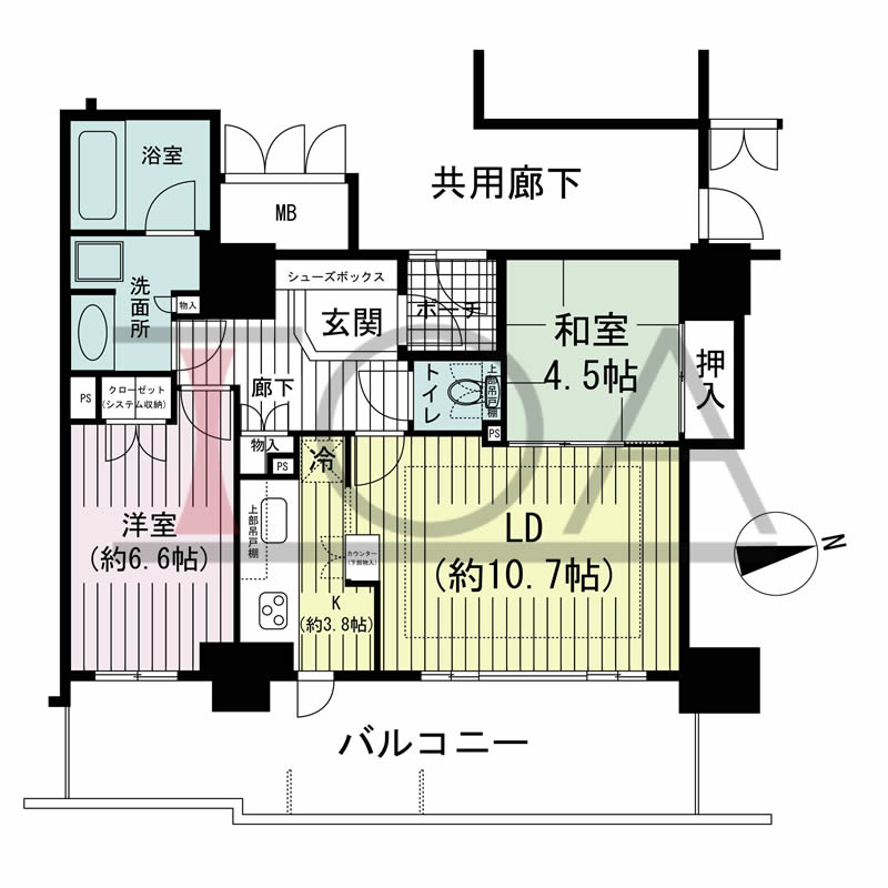 ローレルコート与力町エルグレースの間取り図 東向き 2LDK 専有面積64.14m2
バルコニー面積19.08m2
ポーチ面積2.25m2