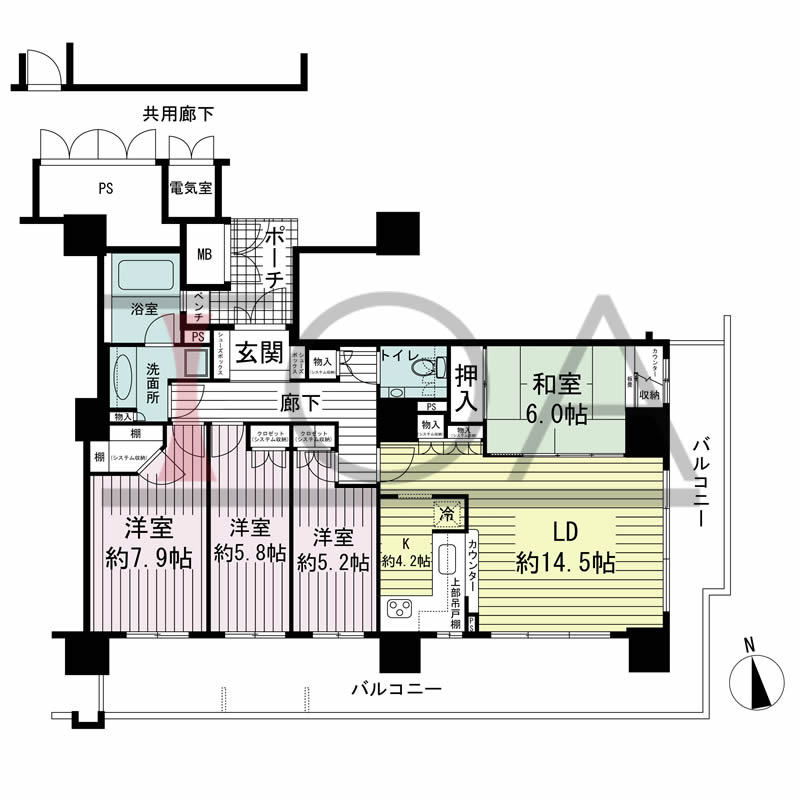 ローレルコート与力町エルグレースの間取り図 南東向き角 4LDK 専有面積102.21m2
バルコニー面積37.46m2から37.74m2のお部屋あり
ポーチ面積5.20m2