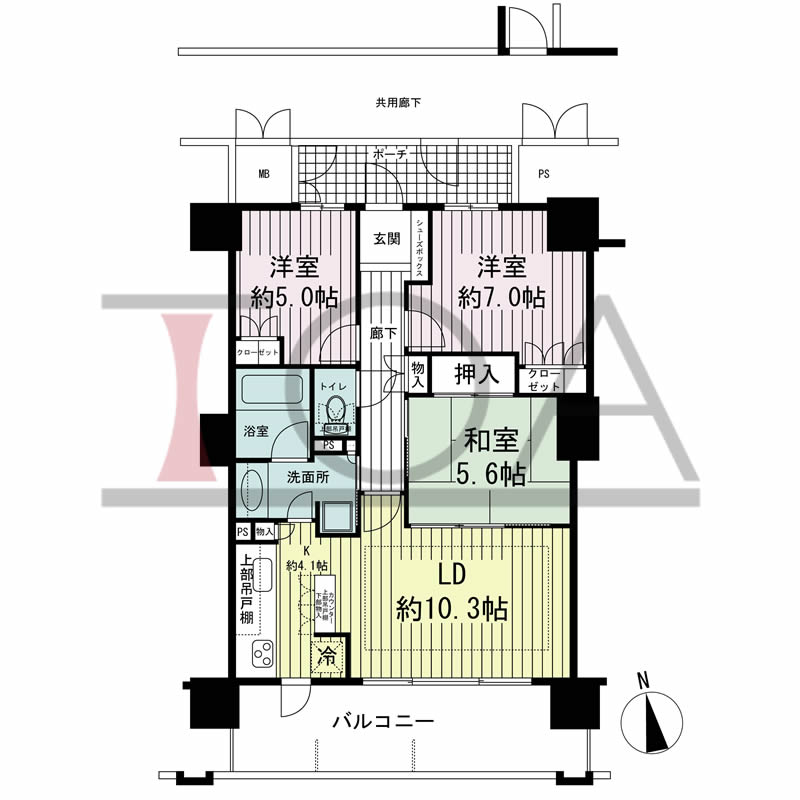ローレルコート与力町エルグレースの間取り図 南向き 3LDK 専有面積72.84m2
バルコニー面積14.15m2
ポーチ面積6.51m2
