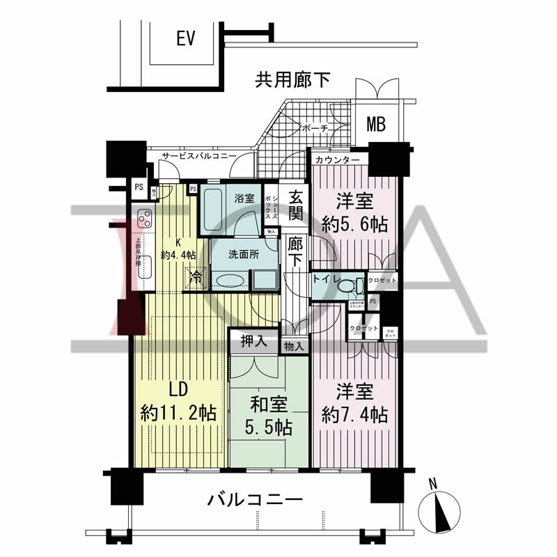 ローレルコート与力町エルグレースの間取り図 南向き 3LDK 専有面積75.74m2
バルコニー面積15.58m2
サービスバルコニー面積3.72m2
ポーチ面積5.26m2