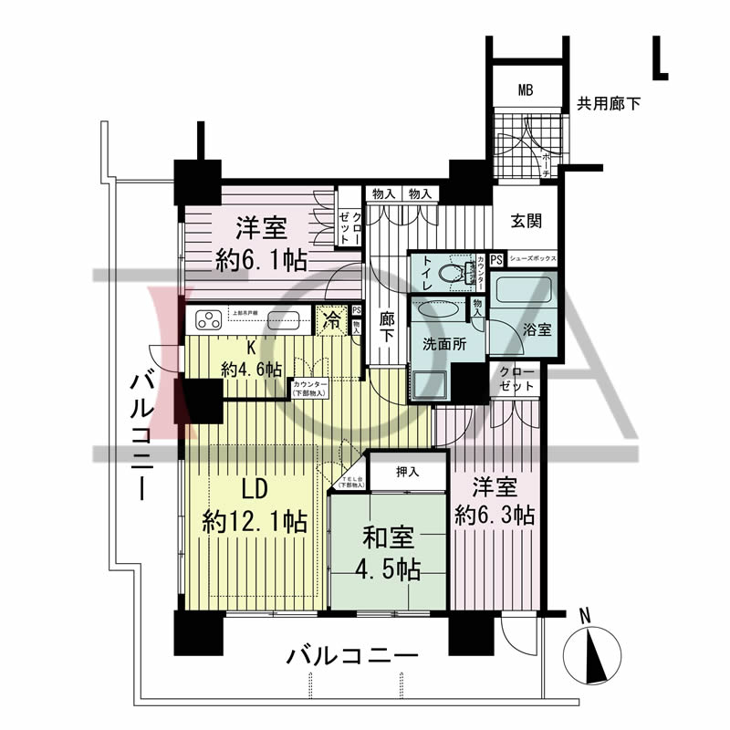 ローレルコート与力町エルグレースの間取り図 南西向き角 3LDK 専有面積78.42m2
バルコニー面積31.00m2
ポーチ面積2.76m2