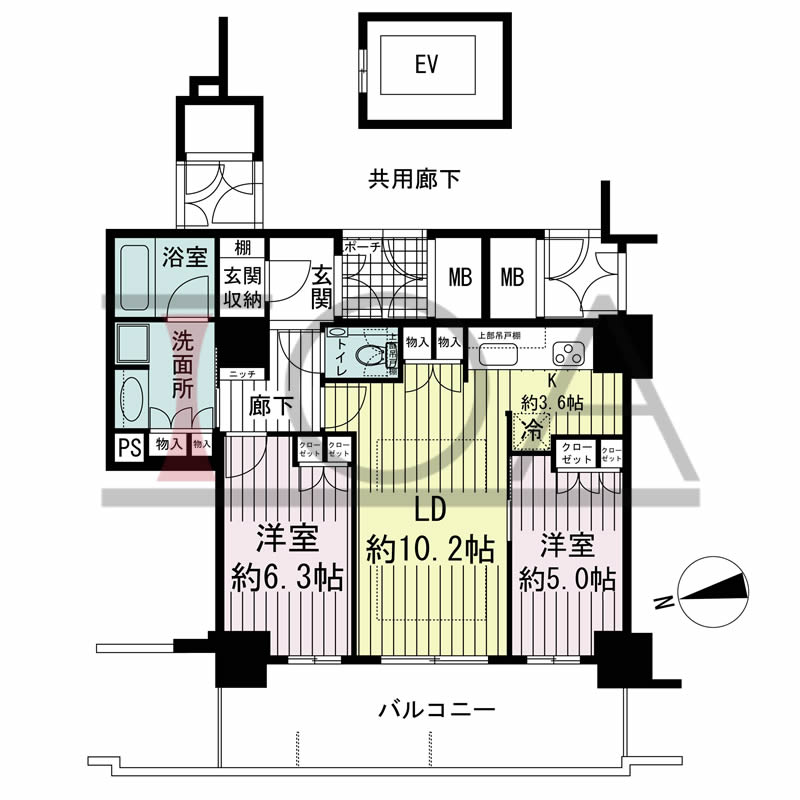 ローレルコート与力町エルグレースの間取り図 西向き 2LDK 専有面積62.16m2
バルコニー面積15.78m2
ポーチ面積2.97m2