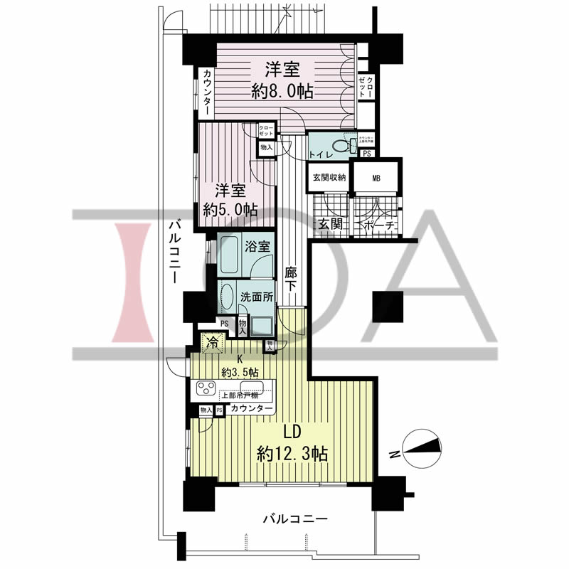 ローレルコート与力町エルグレースの間取り図 北西向き角 2LDK 専有面積69.78m2
バルコニー面積30.05m2
ポーチ面積2.25m2