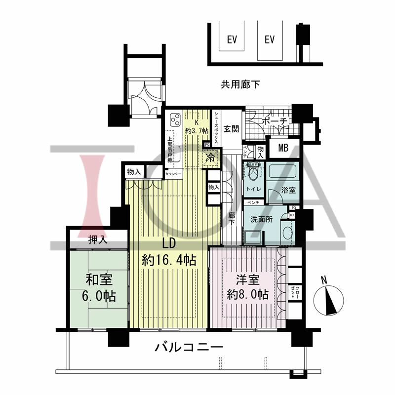 ローレルコート与力町エルグレースの間取り図 南向き 2LDK 専有面積82.21m2
バルコニー面積20.23m2
ポーチ面積3.52m2
