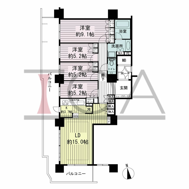 ローレルコート与力町エルグレースの間取り図 南西向き角 4LDK 専有面積101.65m2
バルコニー面積41.29m2
ポーチ面積2.68m2