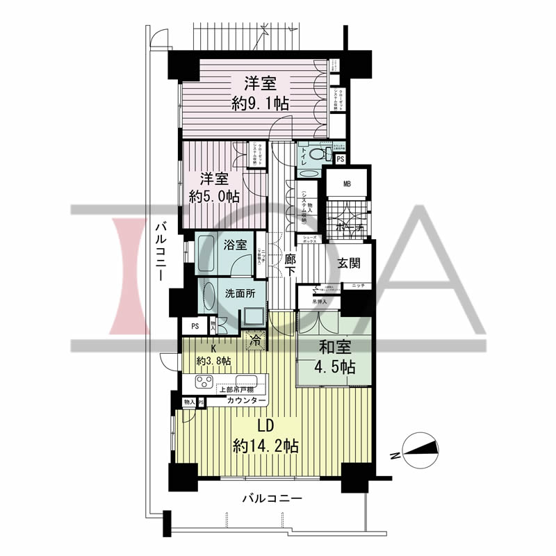 ローレルコート与力町エルグレースの間取り図 北西向き角 3LDK 専有面積88.95m2
バルコニー面積31.16m2
ポーチ面積2.25m2