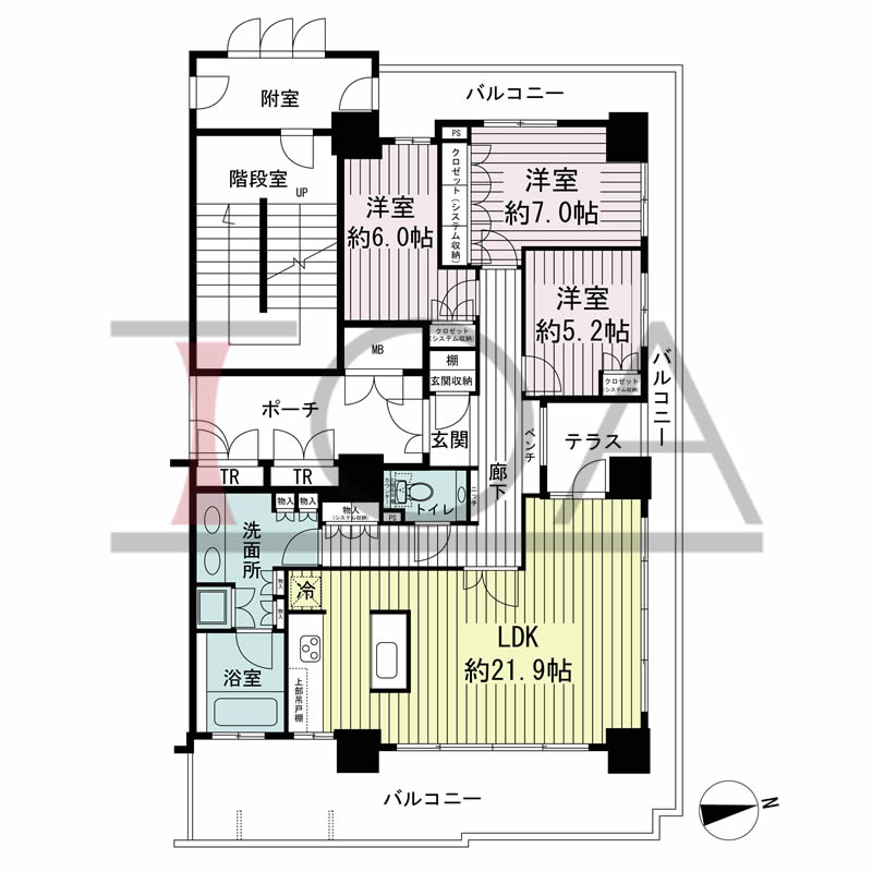 ローレルコート与力町エルグレースの間取り図 北東向き角 3LDK 専有面積101.94m2
バルコニー面積41.65m2
ポーチ面積10.20m2
テラス面積4.40m2