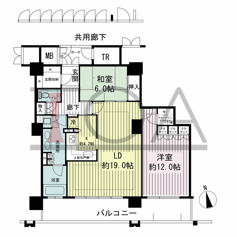 ローレルコート与力町エルグレースの間取り図 南向き 2LDK 専有面積102.84m2
バルコニー面積21.47m2
ポーチ面積3.84m2