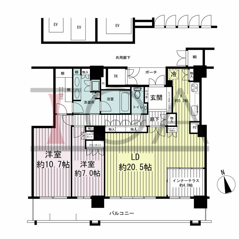 ローレルコート与力町エルグレースの間取り図 南向き 2LDK+インナーテラス 専有面積118.07m2
バルコニー面積25.27m2
ポーチ面積4.48m2