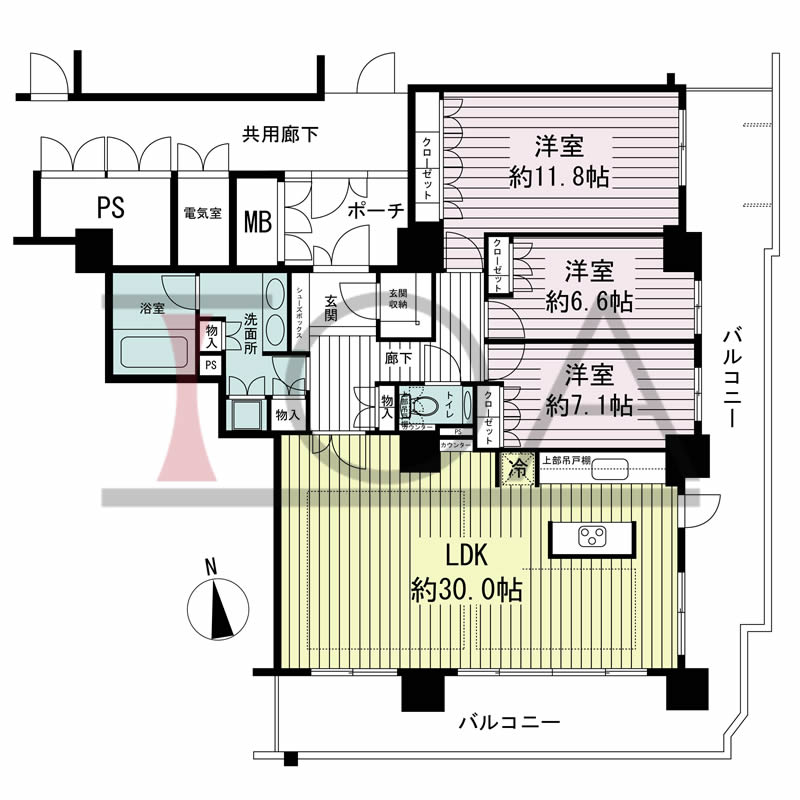 ローレルコート与力町エルグレースの間取り図 南東向き角 3LDK 専有面積124.61m2
バルコニー面積44.02m2
ポーチ面積5.94m2
