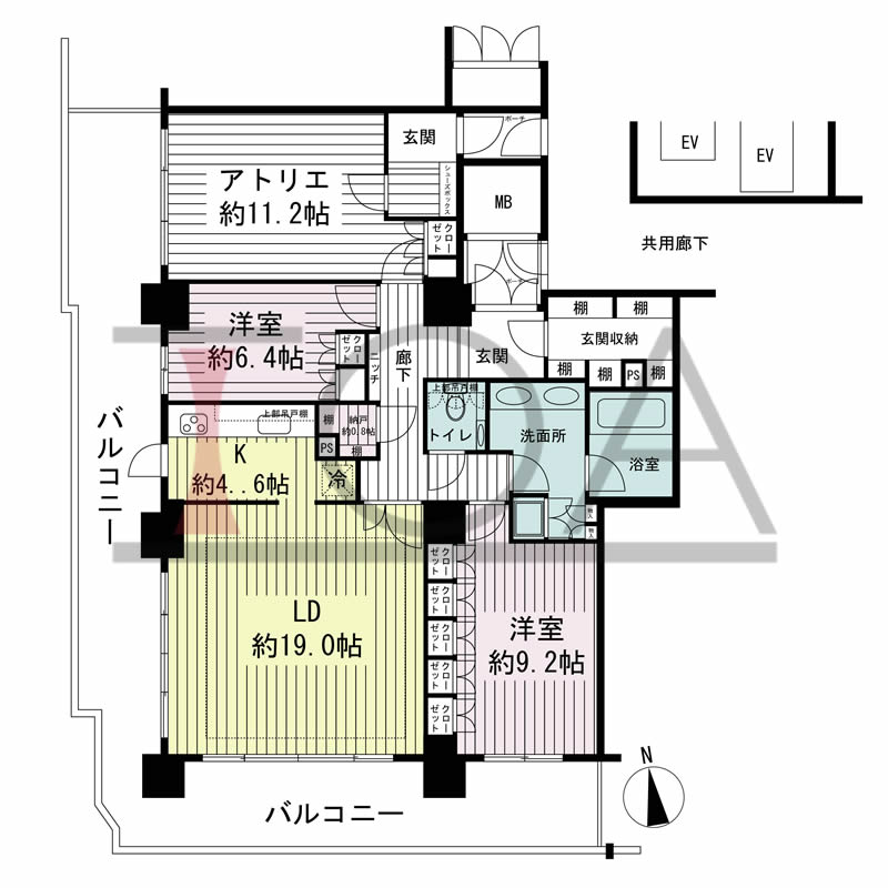 ローレルコート与力町エルグレースの間取り図 南西向き角 2LDK+アトリエ 専有面積123.30m2
バルコニー面積46.40m2
ポーチ面積4.95m2