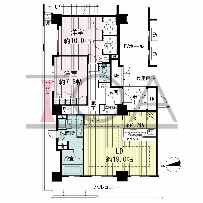 ローレルコート与力町エルグレースの間取り図 北西向き角 2LDK 専有面積104.90m2
バルコニー面積36.63m2
ポーチ面積4.62m2