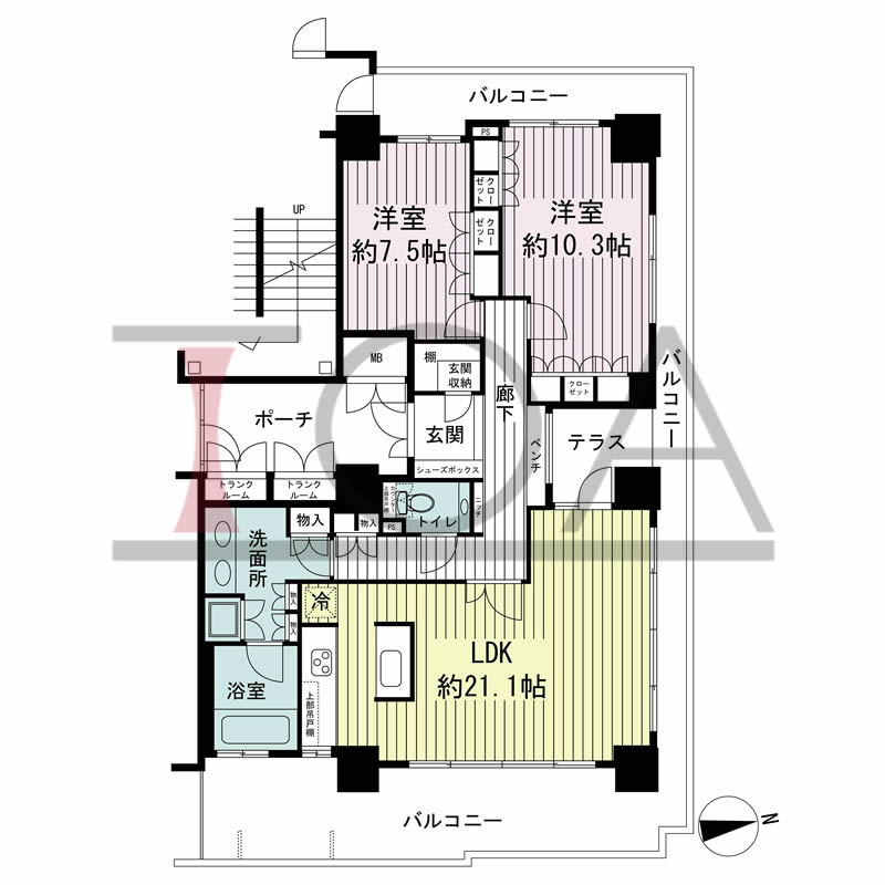 ローレルコート与力町エルグレースの間取り図 北東向き角 2LDK 専有面積100.66m2
バルコニー面積41.09m2
ポーチ面積9.00m2
テラス面積4.73m2