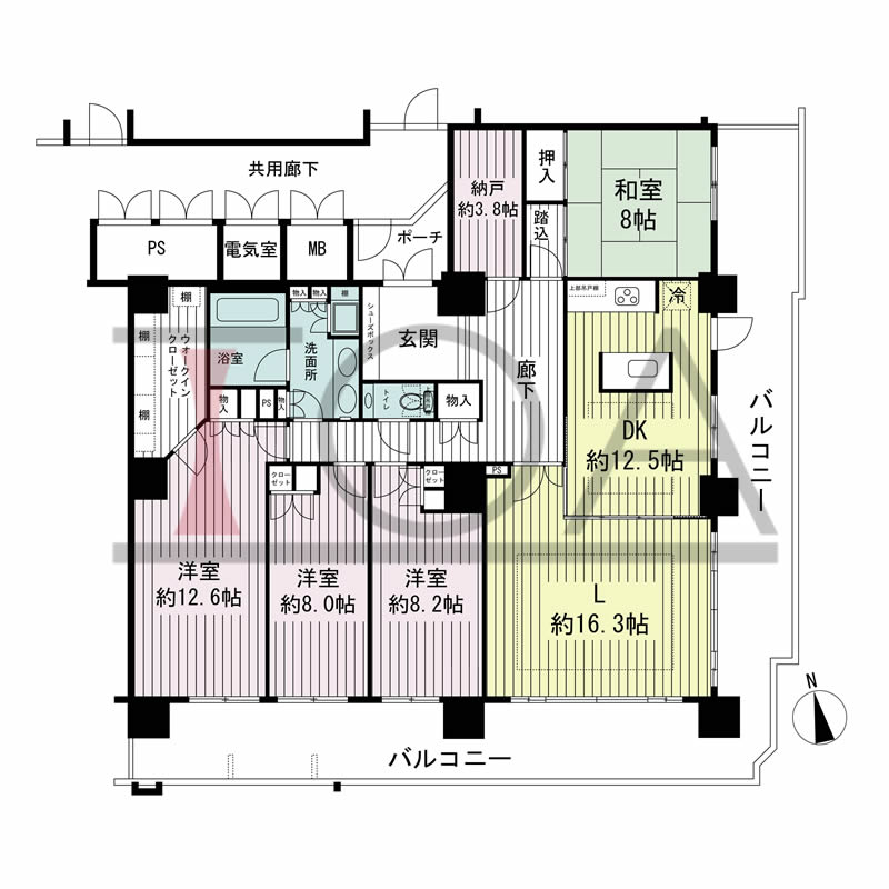 ローレルコート与力町エルグレースの間取り図 南東向き角 4LDK 専有面積160.42m2
バルコニー面積54.63m2
ポーチ面積3.76m2