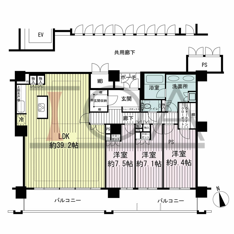 ローレルコート与力町エルグレースの間取り図 南向き 3LDK 専有面積143.94m2
バルコニー面積28.12m2
ポーチ面積3.24m2