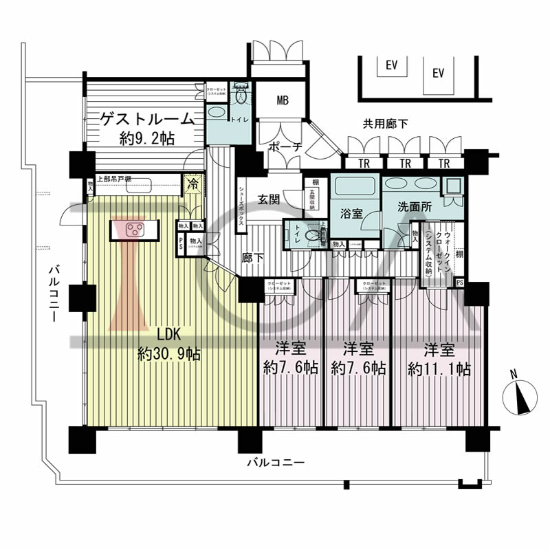 ローレルコート与力町エルグレースの間取り図 南西向き角 3LDK+ゲストルーム 専有面積156.46m2
バルコニー面積54.12m2
ポーチ面積5.04m2