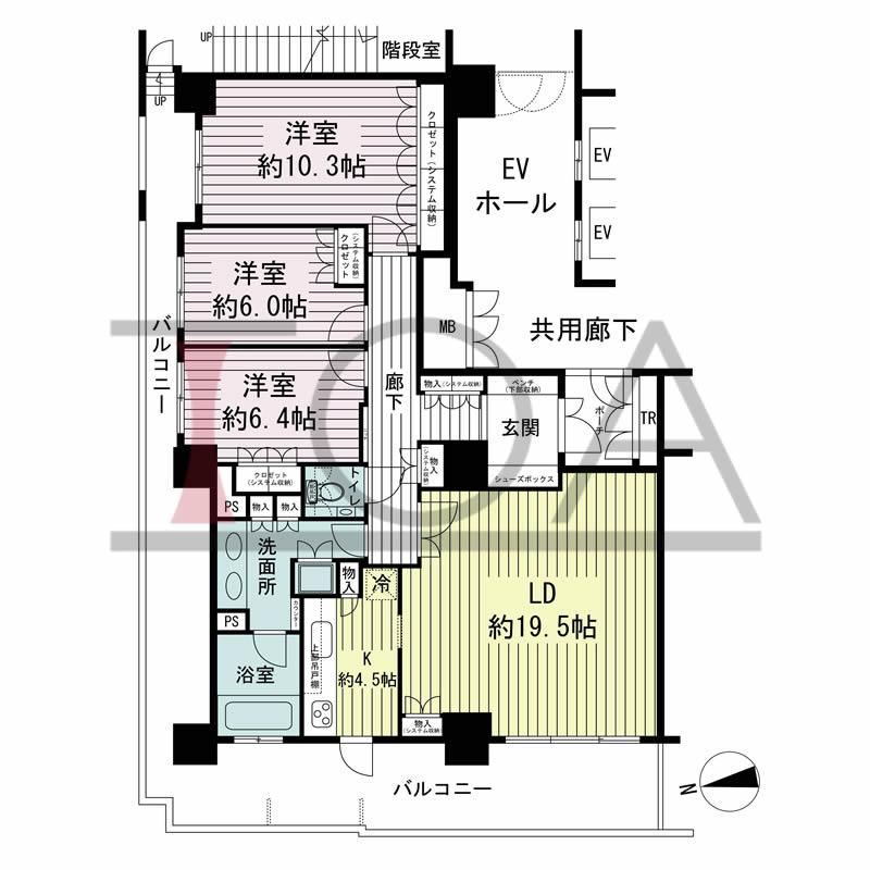 ローレルコート与力町エルグレースの間取り図 北西向き角 3LDK 専有面積113.83m2
バルコニー面積40.00m2
ポーチ面積3.36m2