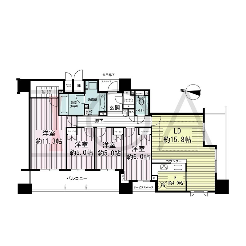 ウェリス・ジオ梅田レジデンスの間取り図 西向き角 4LDK 専有面積108.24m2
アルコーブ面積1.33m2
バルコニー面積15.79m2
サービススペース面積2.47m2