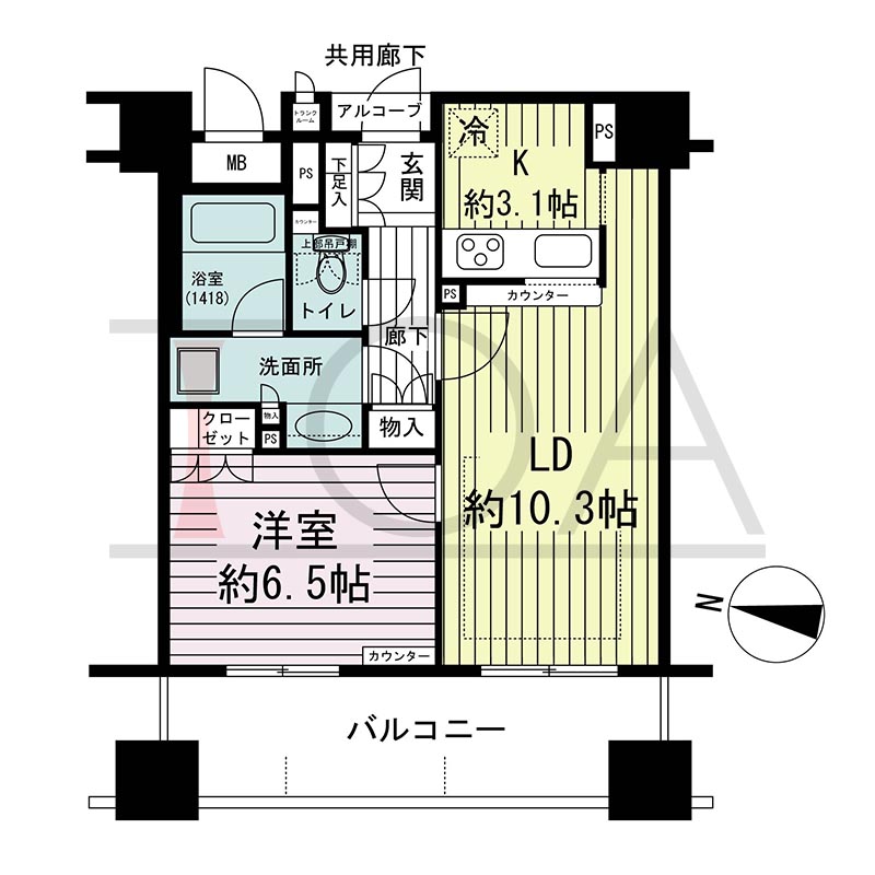 ウェリス・ジオ梅田レジデンスの間取り図 西向き 1LDK 専有面積47.79m2
アルコーブ面積0.72m2
バルコニー面積12.06m2