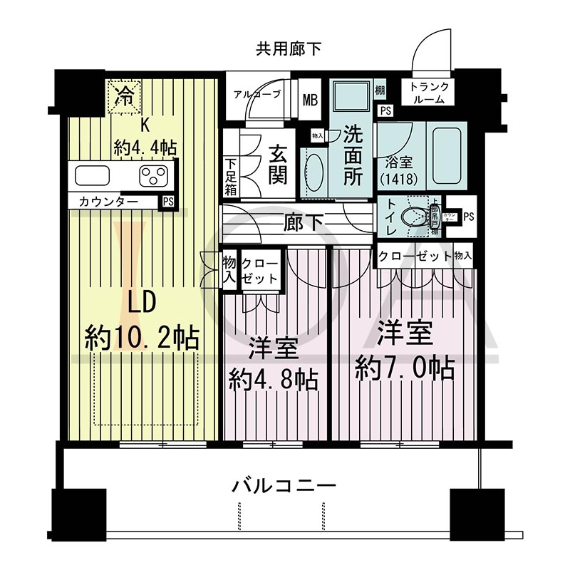 ウェリス・ジオ梅田レジデンスの間取り図 西向き 2LDK 専有面積60.31m2
アルコーブ面積1.59m2
バルコニー面積15.34m2