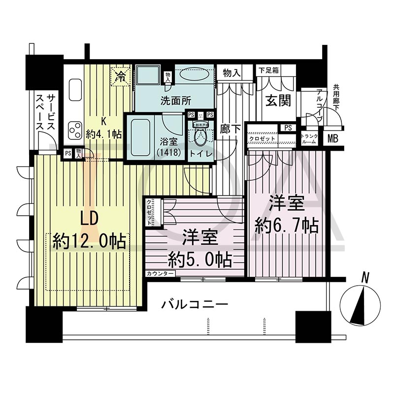 ウェリス・ジオ梅田レジデンスの間取り図 南西向き角 2LDK 専有面積64.28m2
アルコーブ面積1.19m2
バルコニー面積13.54m2
サービススペース面積2.54m2