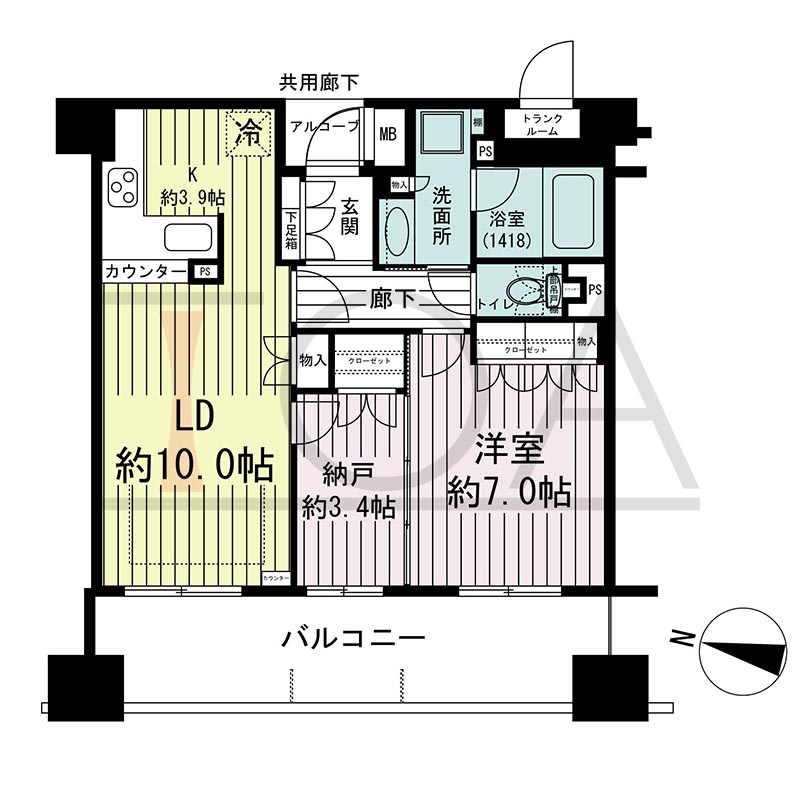 ウェリス・ジオ梅田レジデンスの間取り図 西向き 1LDK+DEN 専有面積56.76m2
アルコーブ面積1.48m2
バルコニー面積14.44m2