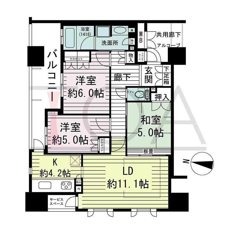 ウェリス・ジオ梅田レジデンスの間取り図 西向き角 3LDK 専有面積72.00m2
アルコーブ面積1.28m2
バルコニー面積11.54m2
サービススペース面積2.47m2