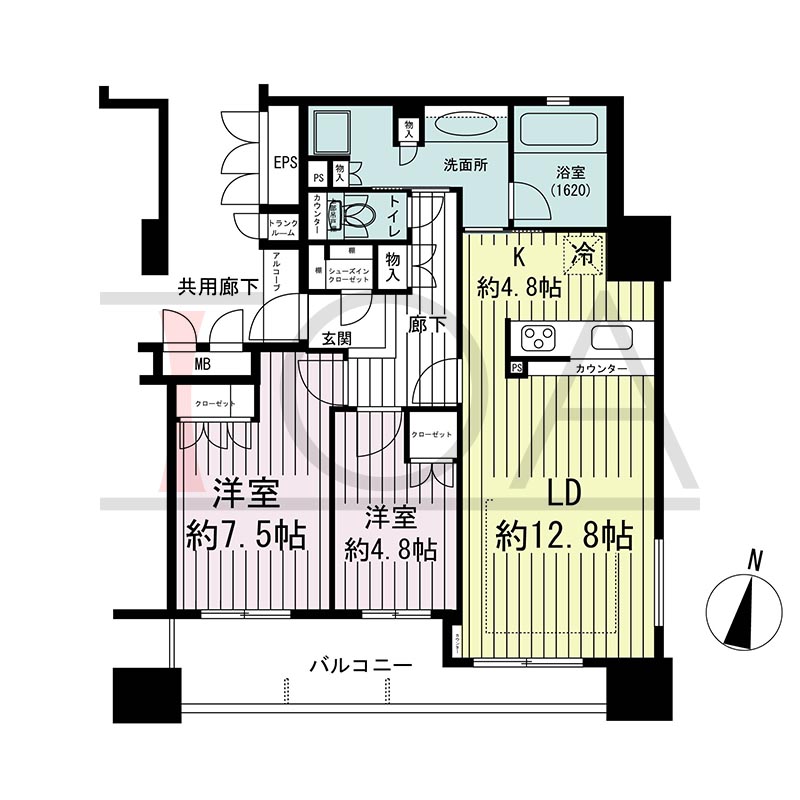 ウェリス・ジオ梅田レジデンスの間取り図 南東向き角 2LDK 専有面積72.41m2
アルコーブ面積1.28m2
バルコニー面積12.22m2