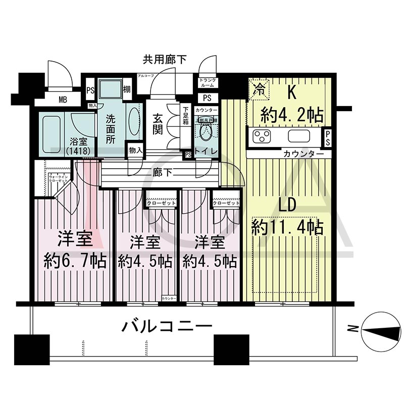 ウェリス・ジオ梅田レジデンスの間取り図 西向き 3LDK 専有面積70.87m2
アルコーブ面積1.56m2
バルコニー面積17.82m2