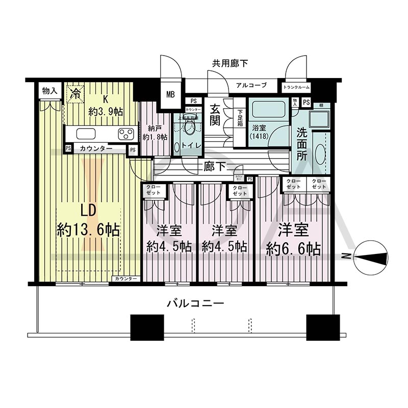 ウェリス・ジオ梅田レジデンスの間取り図 西向き 3LDK 専有面積79.20m2
アルコーブ面積1.75m2
バルコニー面積19.80m2