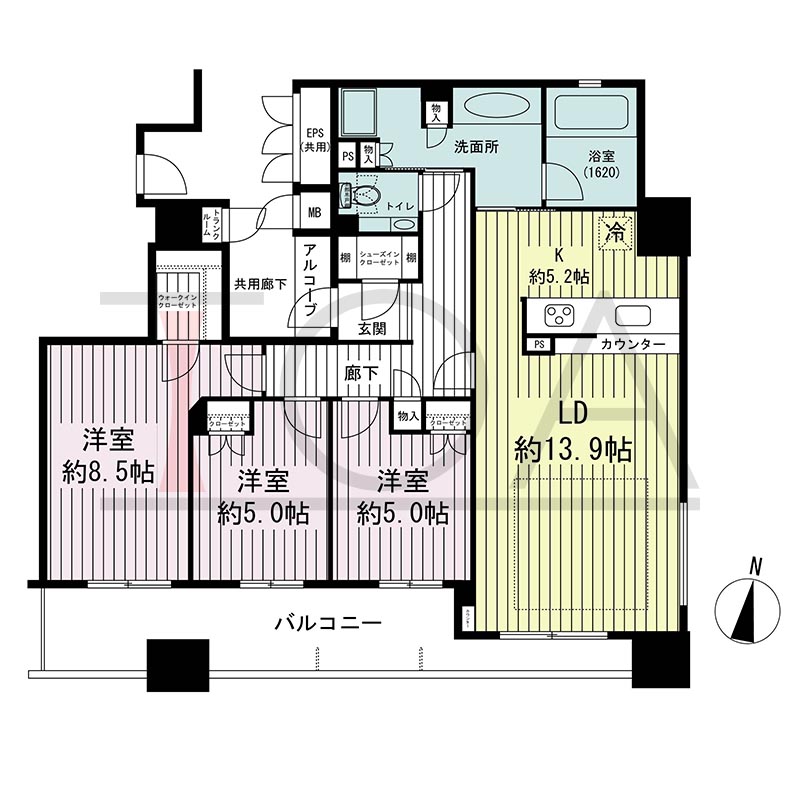 ウェリス・ジオ梅田レジデンスの間取り図 南東向き角 3LDK 専有面積88.70m2
アルコーブ面積1.33m2
バルコニー面積17.25m2