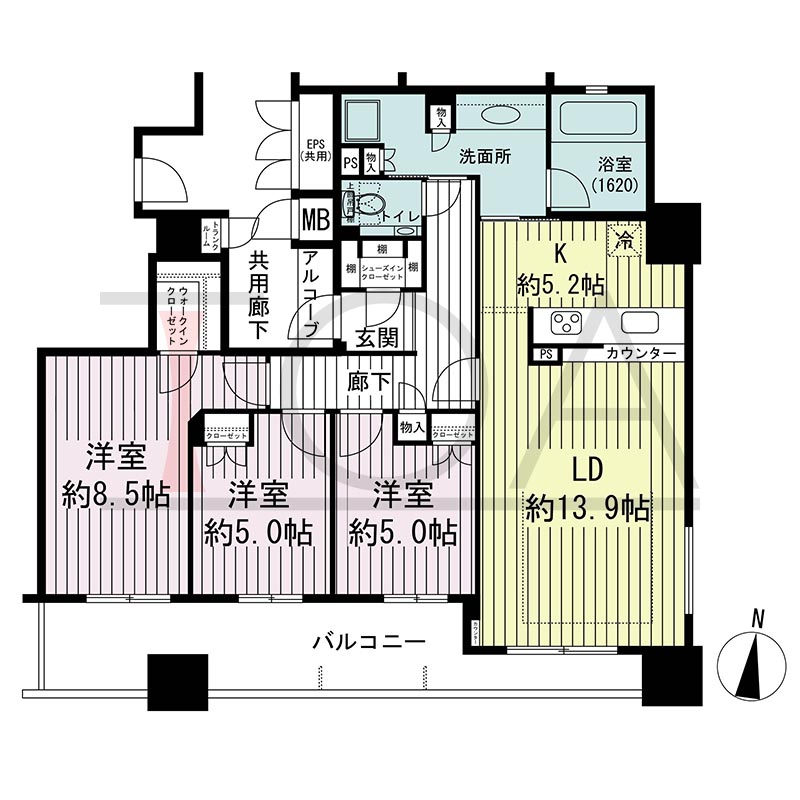 ウェリス・ジオ梅田レジデンスの間取り図 南東向き角 4LDK 専有面積105.88m2
アルコーブ面積1.80m2
バルコニー面積21.54m2
サービススペース面積2.25m2