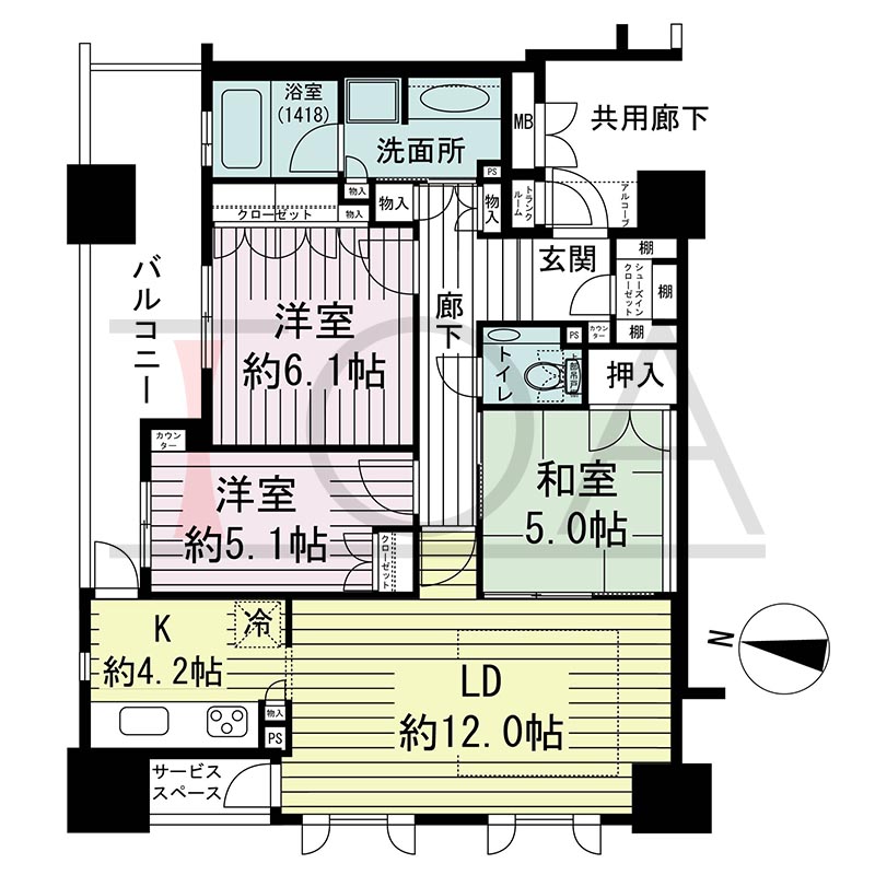 ウェリス・ジオ梅田レジデンスの間取り図 西向き角 3LDK 専有面積75.63m2
アルコーブ面積1.64m2
バルコニー面積11.45m2
サービススペース面積2.47m2