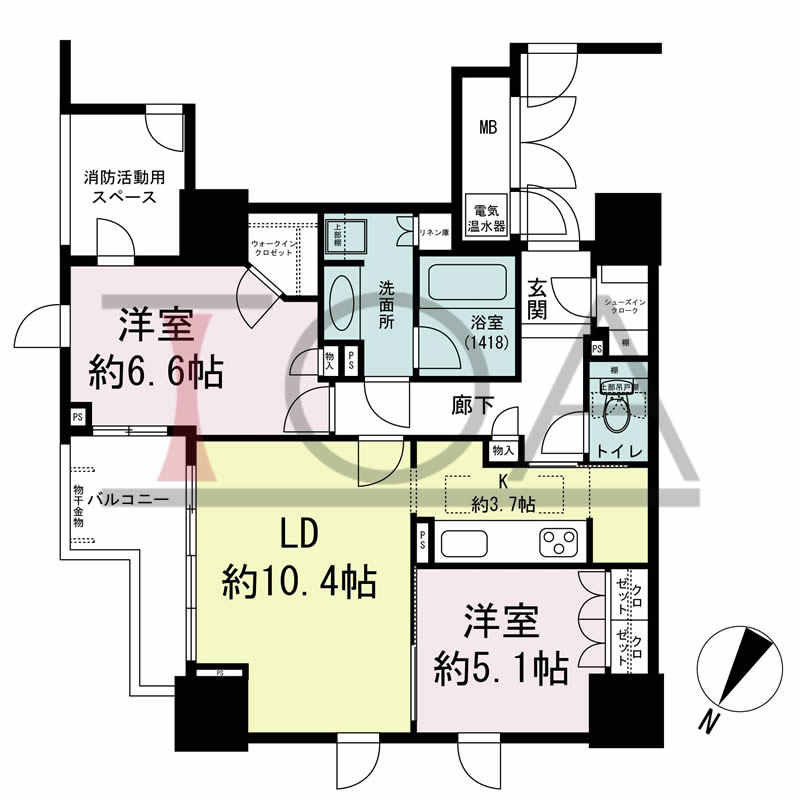 グランスイート中之島タワーの間取り図 北東向き角 2LDK 専有面積67.80m2
バルコニー面積3.84m2