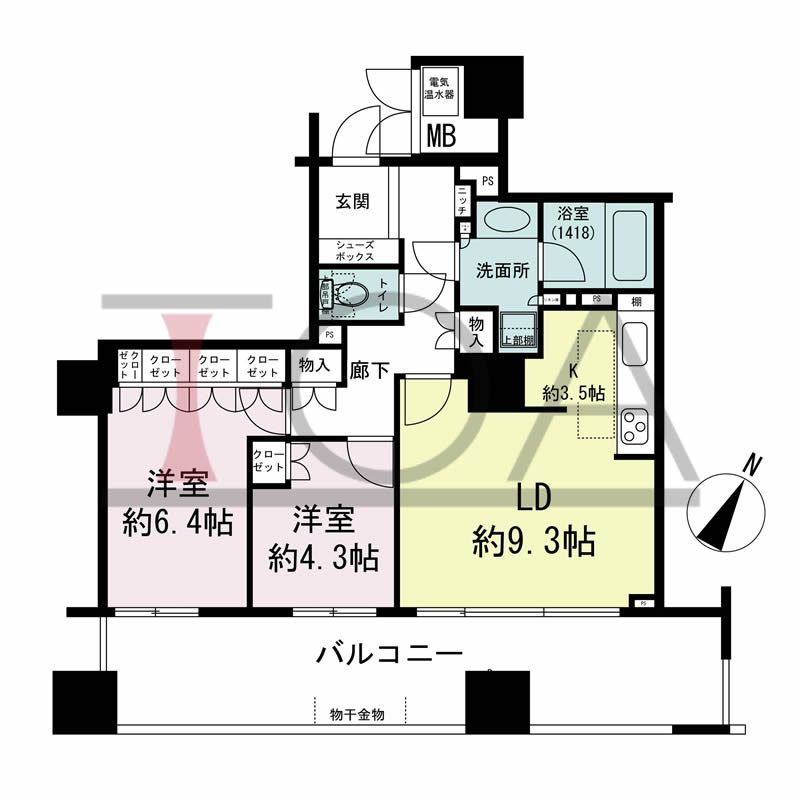 グランスイート中之島タワーの間取り図 南東向き 2LDK 専有面積60.40m2
バルコニー面積19.61m2