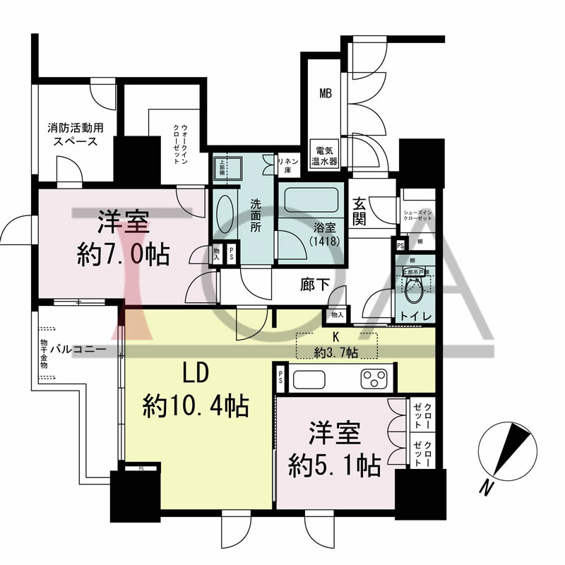 グランスイート中之島タワーの間取り図 北東向き角 2LDK 専有面積67.80m2
バルコニー面積3.84m2