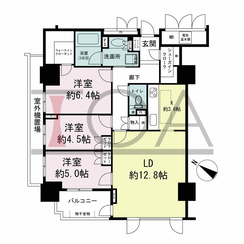 グランスイート中之島タワーの間取り図 西向き角 3LDK 専有面積76.39m2
バルコニー面積5.01m2