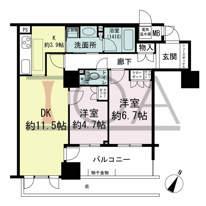 グランスイート中之島タワーの間取り図 南東向き 2LDK 専有面積63.85m2
バルコニー面積9.43m2