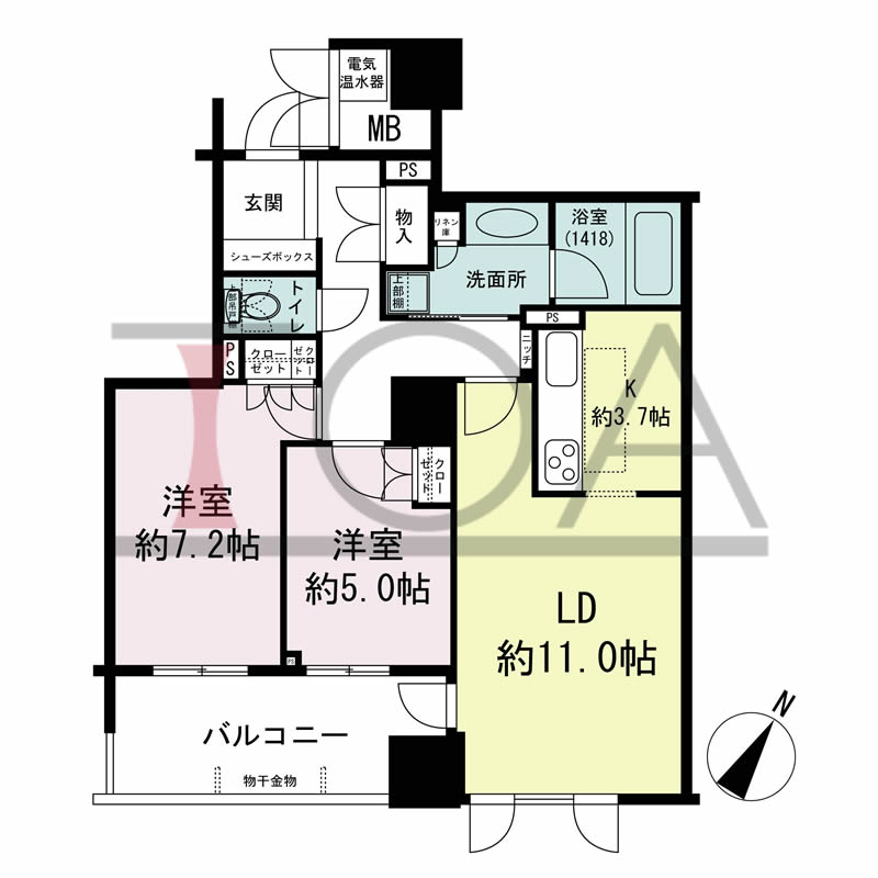 グランスイート中之島タワーの間取り図 南東向き 2LDK 専有面積65.23m2
バルコニー面積9.25m2