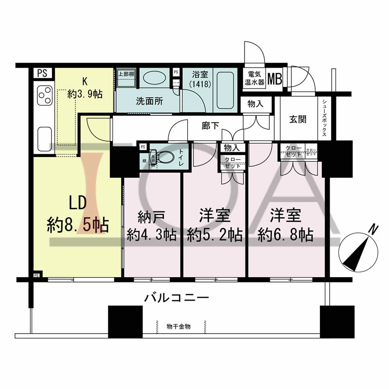 グランスイート中之島タワーの間取り図 南東向き 2LDK+DEN 専有面積67.33m2
バルコニー面積18.13m2
