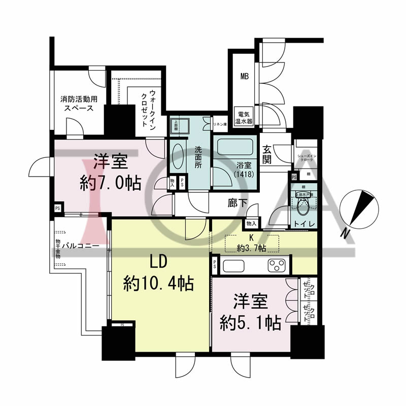 グランスイート中之島タワーの間取り図 北東向き角 2LDK 専有面積64.87m2
バルコニー面積3.84m2
