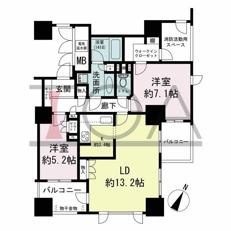 グランスイート中之島タワーの間取り図 南東向き角 2LDK 専有面積69.29m2
バルコニー面積9.14m2