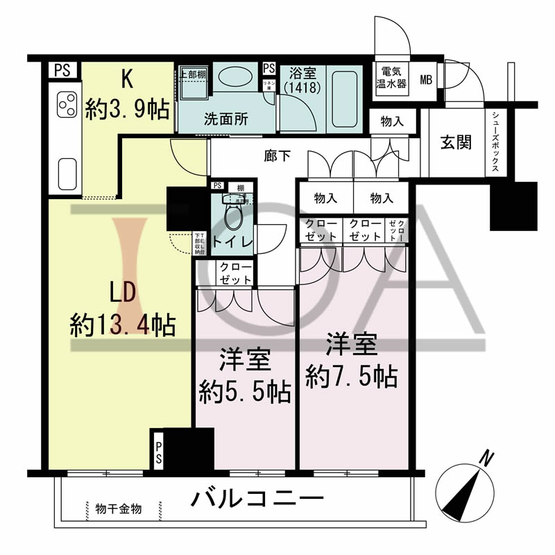 グランスイート中之島タワーの間取り図 南東向き 2LDK 専有面積73.28m2
バルコニー面積8.03m2