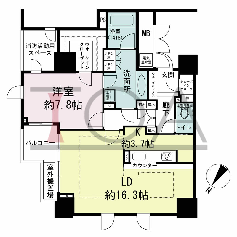 グランスイート中之島タワーの間取り図 北東向き角 1LDK 専有面積73.35m2
バルコニー面積3.84m2