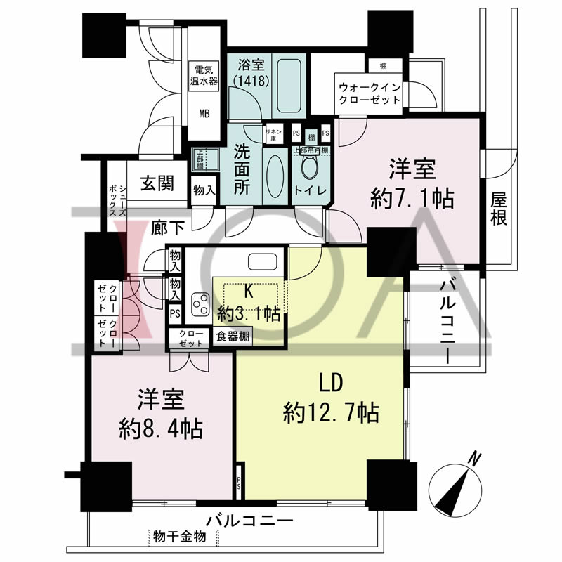グランスイート中之島タワーの間取り図 東向き角 2LDK 専有面積75.05m2
バルコニー面積15.11m2