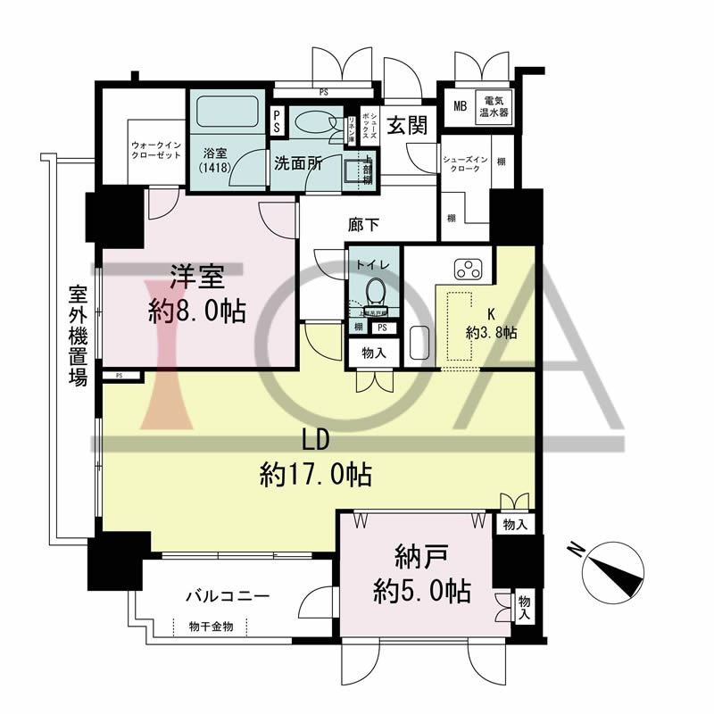 グランスイート中之島タワーの間取り図 西向き角 1LDK+DEN 専有面積78.88m2
バルコニー面積6.23m2