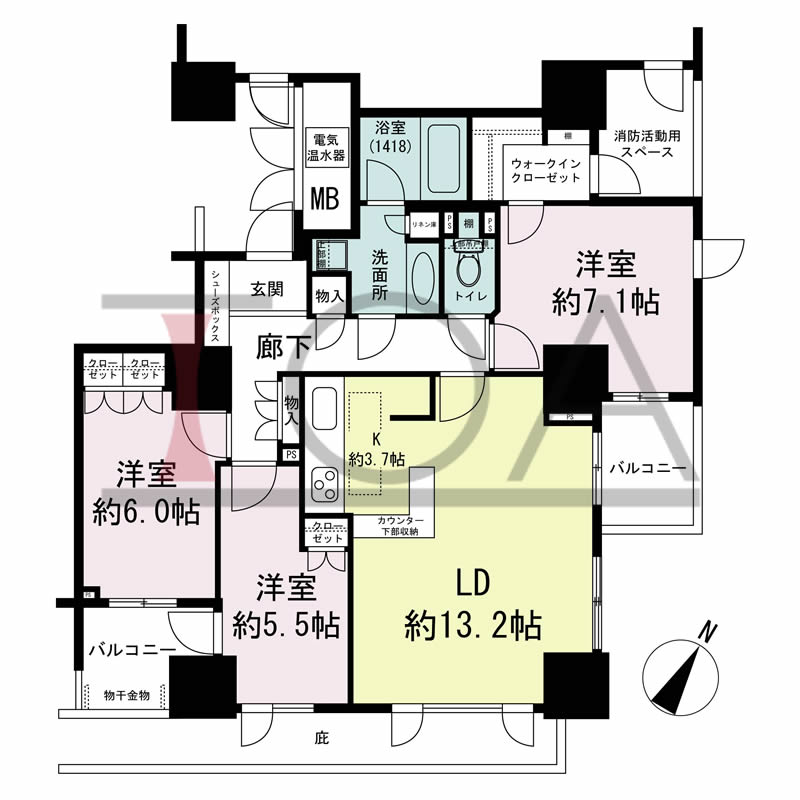 グランスイート中之島タワーの間取り図 南東向き角 3LDK 専有面積82.30m2
バルコニー面積8.31m2
